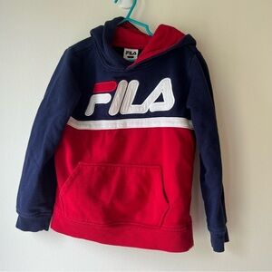 🌼 5/$25 FILA Kids Hoodie Size 7 Navy Red Colorblock Logo Pullover Sweatshirt